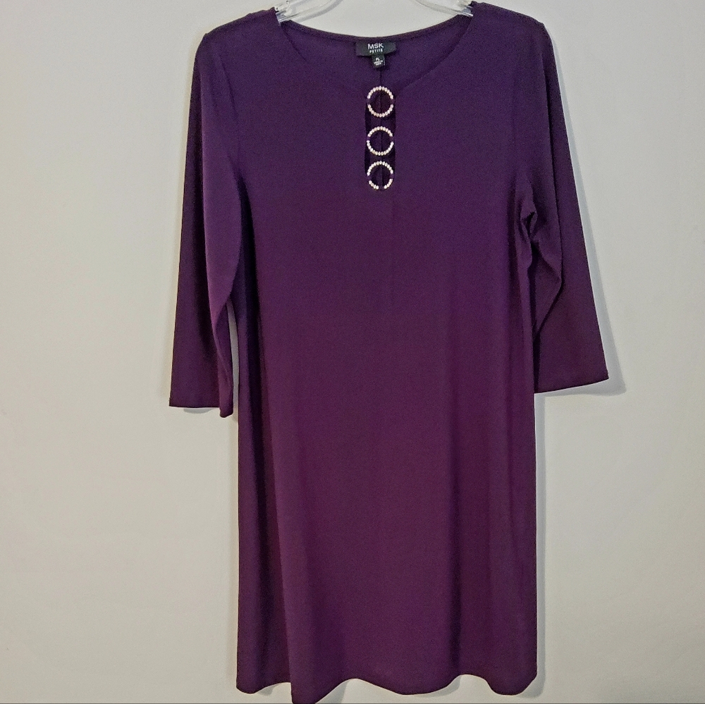 MSK Petite Stretch Purple 3/4 Sleeve Shift Dress Keyhole Neckline Size PL